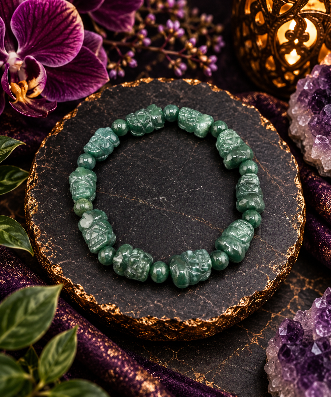 A beaded stretch bracelet made of carved green stone animal figures, displayed on a round black stone slab with purple orchids, crystals, and a gold-toned decorative object in the background.