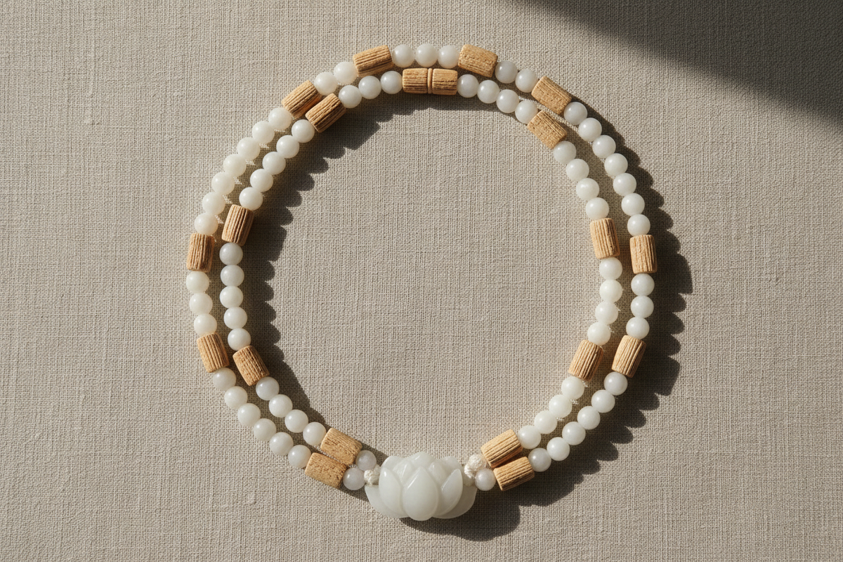 Flat lay of necklace on linen