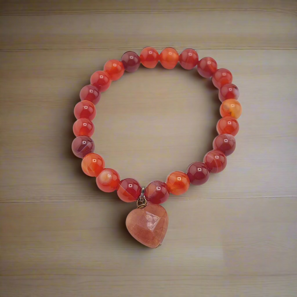 Carnelian  heart bracelet with orange healing crystal beads