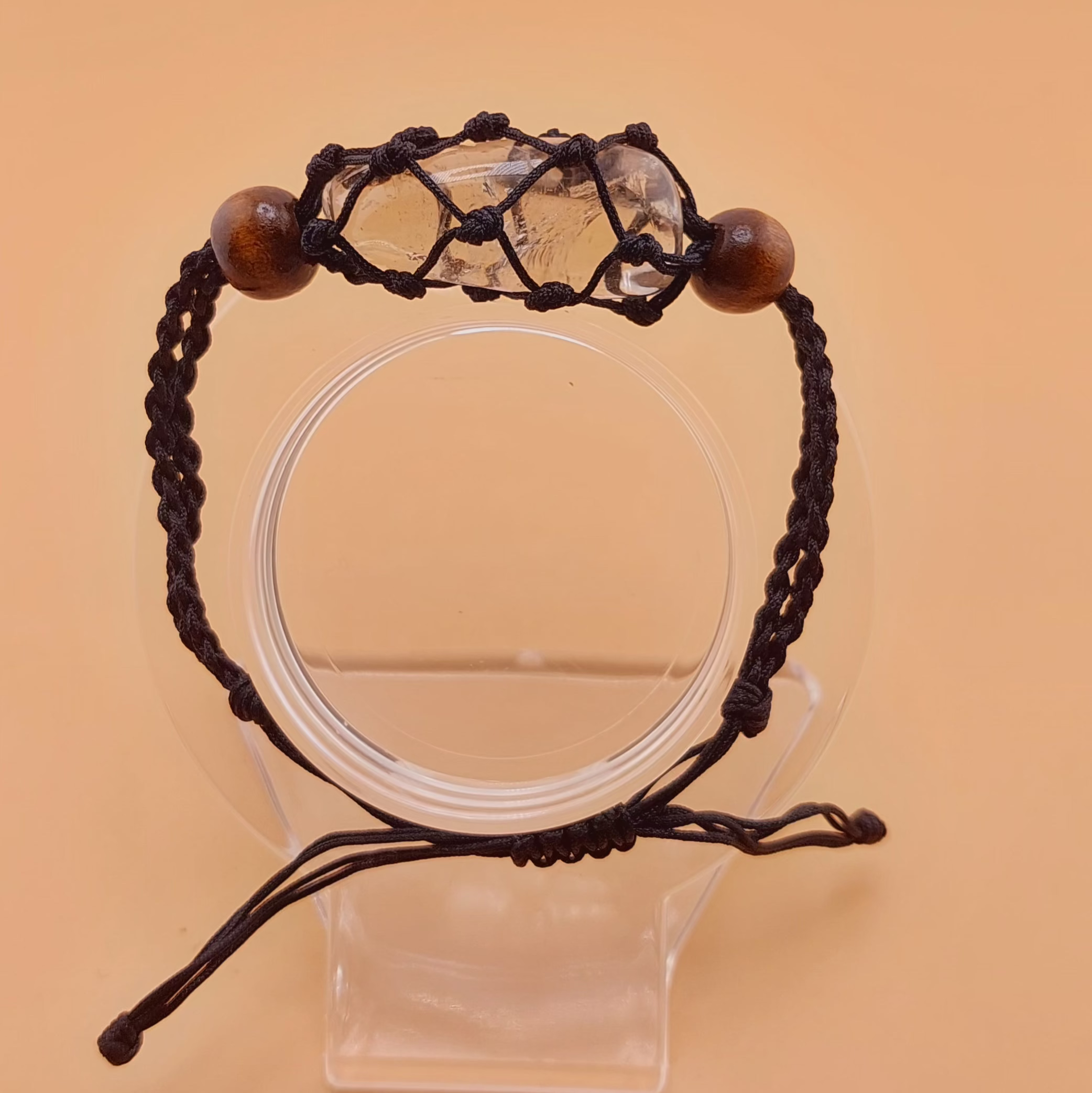 clear quartz tumbled stone macrame brown adjustable bracelet.
