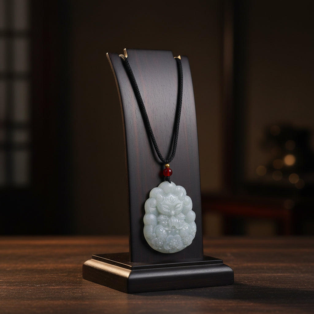 A carved jadeite pendant with a detailed floral or auspicious design, hanging from a black braided cord with a small red bead, set against a dark gray background.
