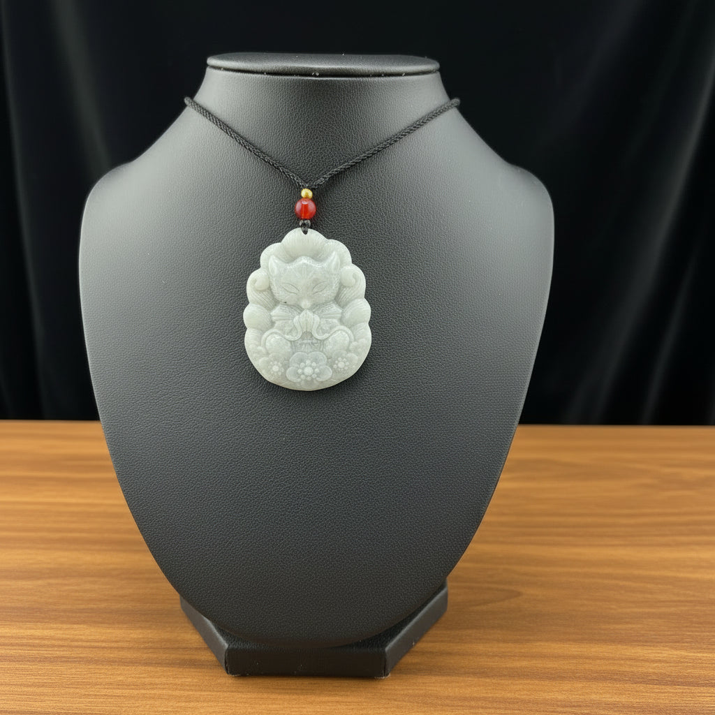 A carved jadeite pendant necklace featuring a cat motif, displayed on a black mannequin bust. The pendant is a pale greenish-gray color, suspended from a black braided cord with a small red bead and gold spacer.