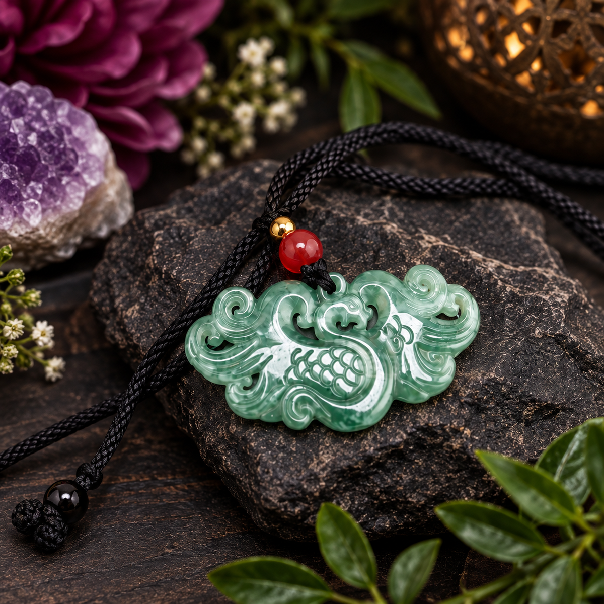 A carved green jade-style pendant with a fish motif hangs from a black cord on a dark stone surface, surrounded by decorative flowers, leaves, and a crystal cluster.