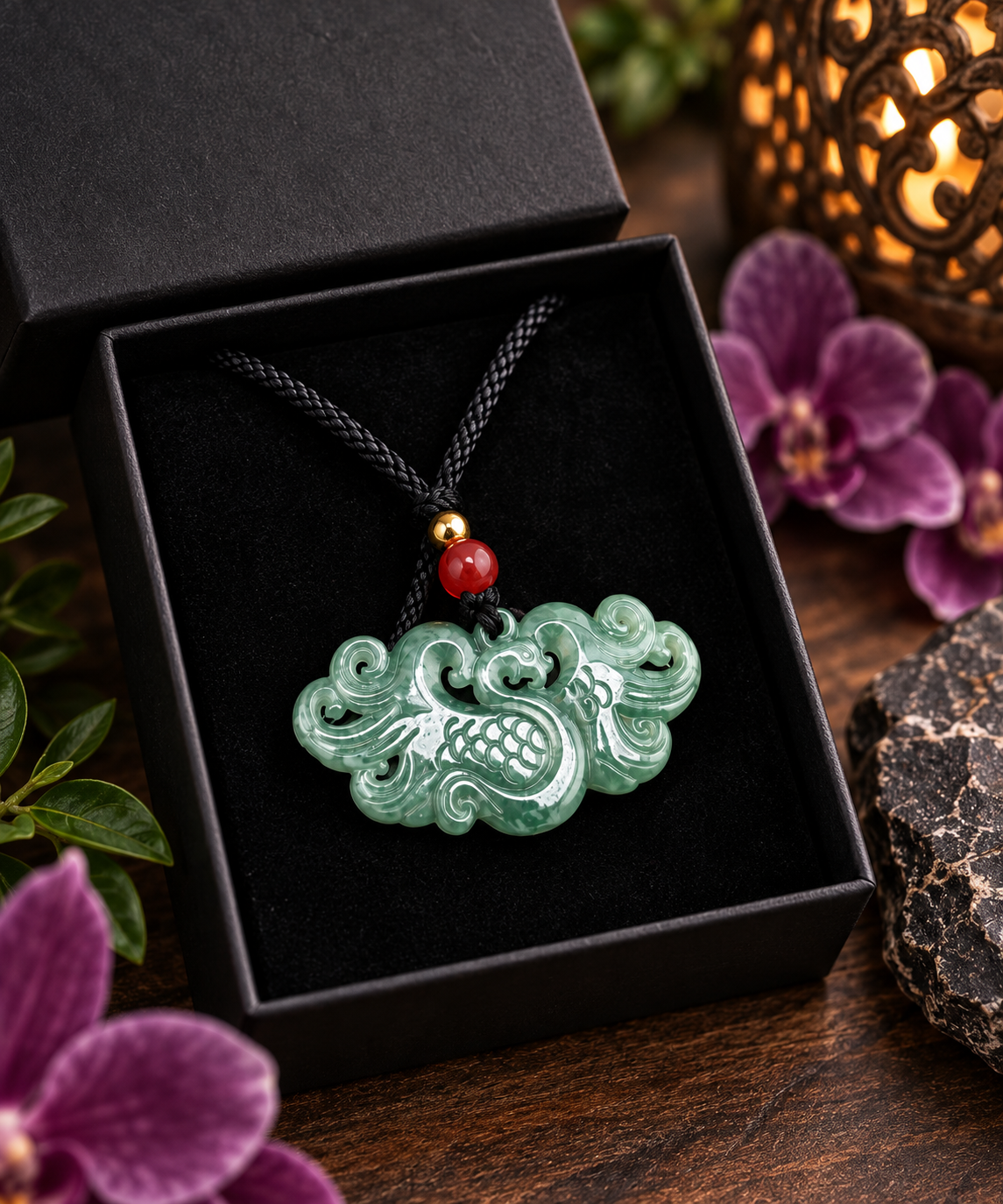A carved jadeite-style pendant necklace with a cloud motif and a small red bead accent, displayed inside an open black gift box on a dark wooden surface with decorative flowers and a lantern in the background.