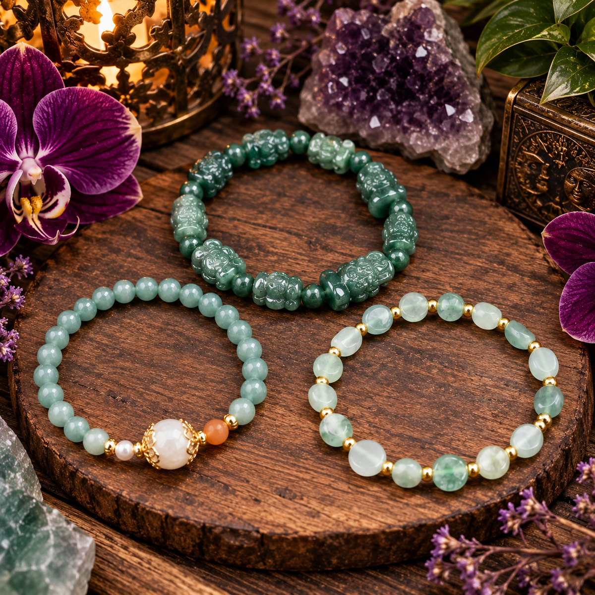 Three beaded bracelets displayed on a round wooden tray, surrounded by purple orchids, crystals, and a decorative lantern. The bracelets include green jade-like beads, carved dark green beads, and pale mint-green beads with gold-tone and white accents.