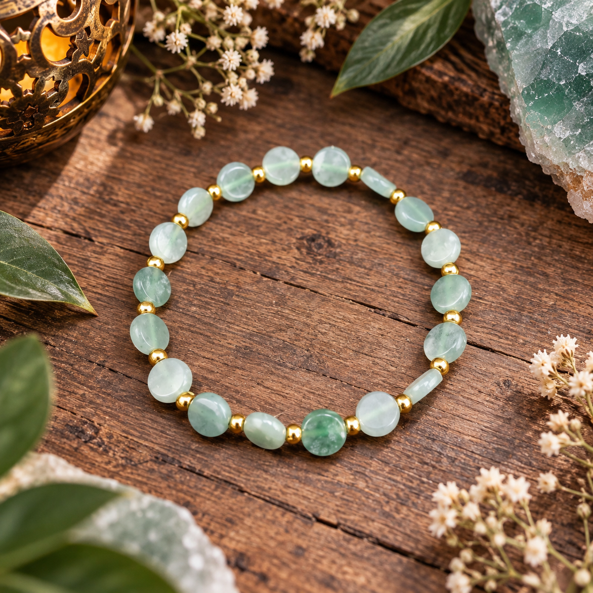 A beaded stretch bracelet made of light green stone beads separated by small gold spacer beads, arranged in a circle on a rustic wooden surface with decorative leaves, flowers, and crystals around it.