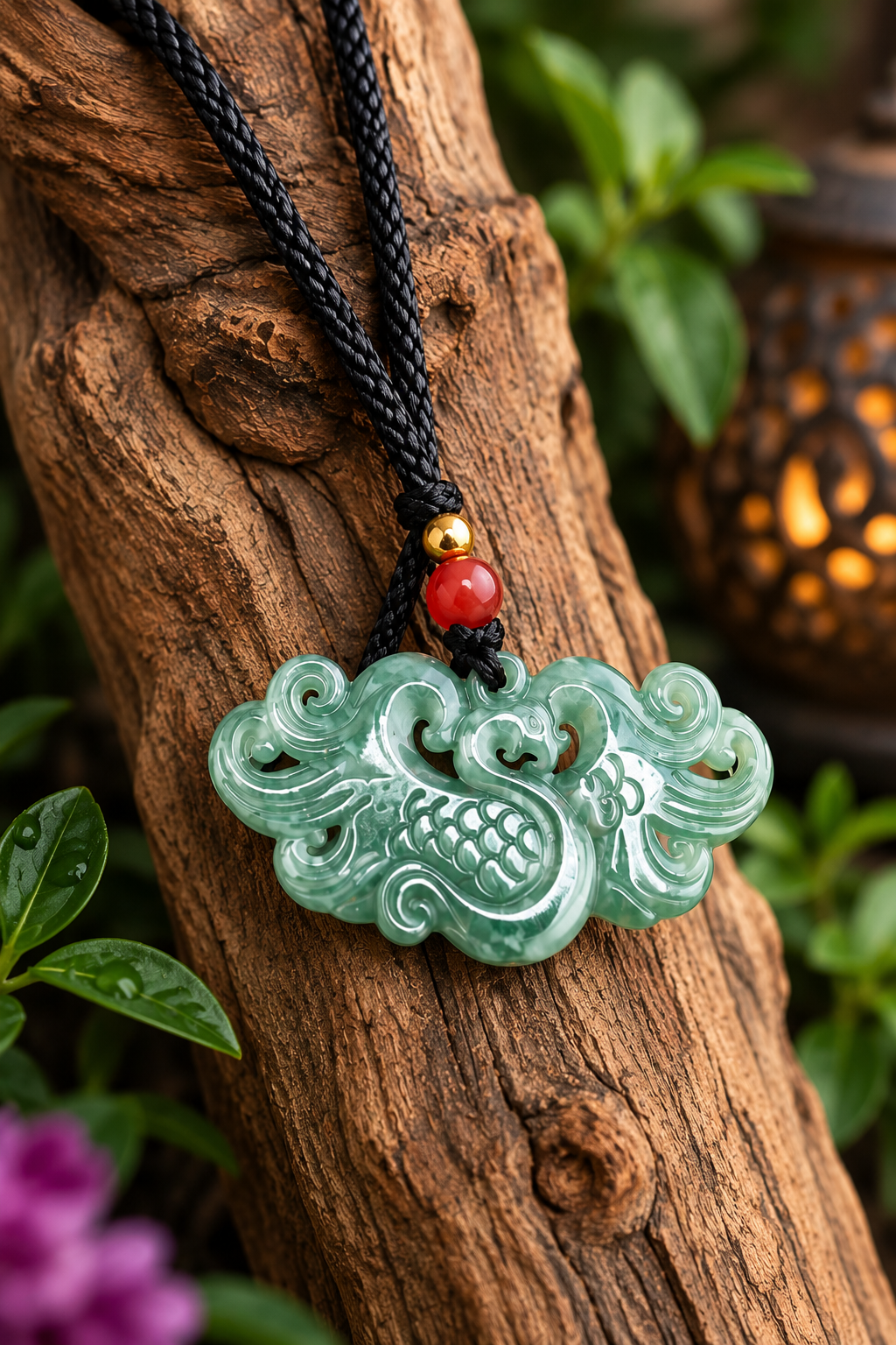 A carved jadeite dragon pendant necklace in light green, suspended from a black braided cord with a small red bead and gold accent, displayed on a rustic wooden branch with green foliage and a blurred lantern in the background.