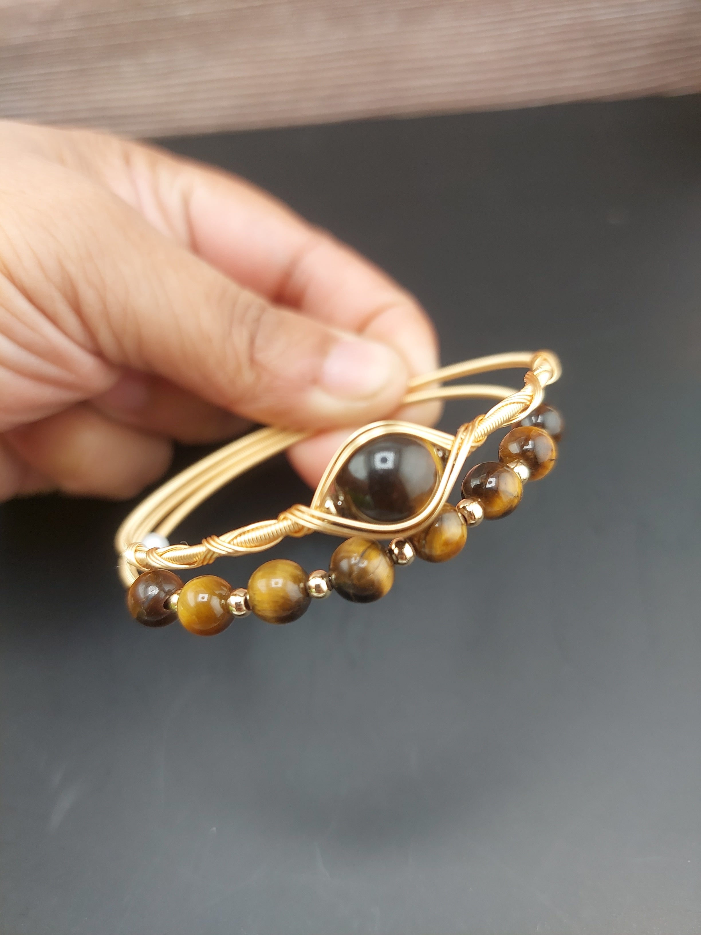 Wire Wrapped Gemstone Memory Wire Bracelet| lunar Jade