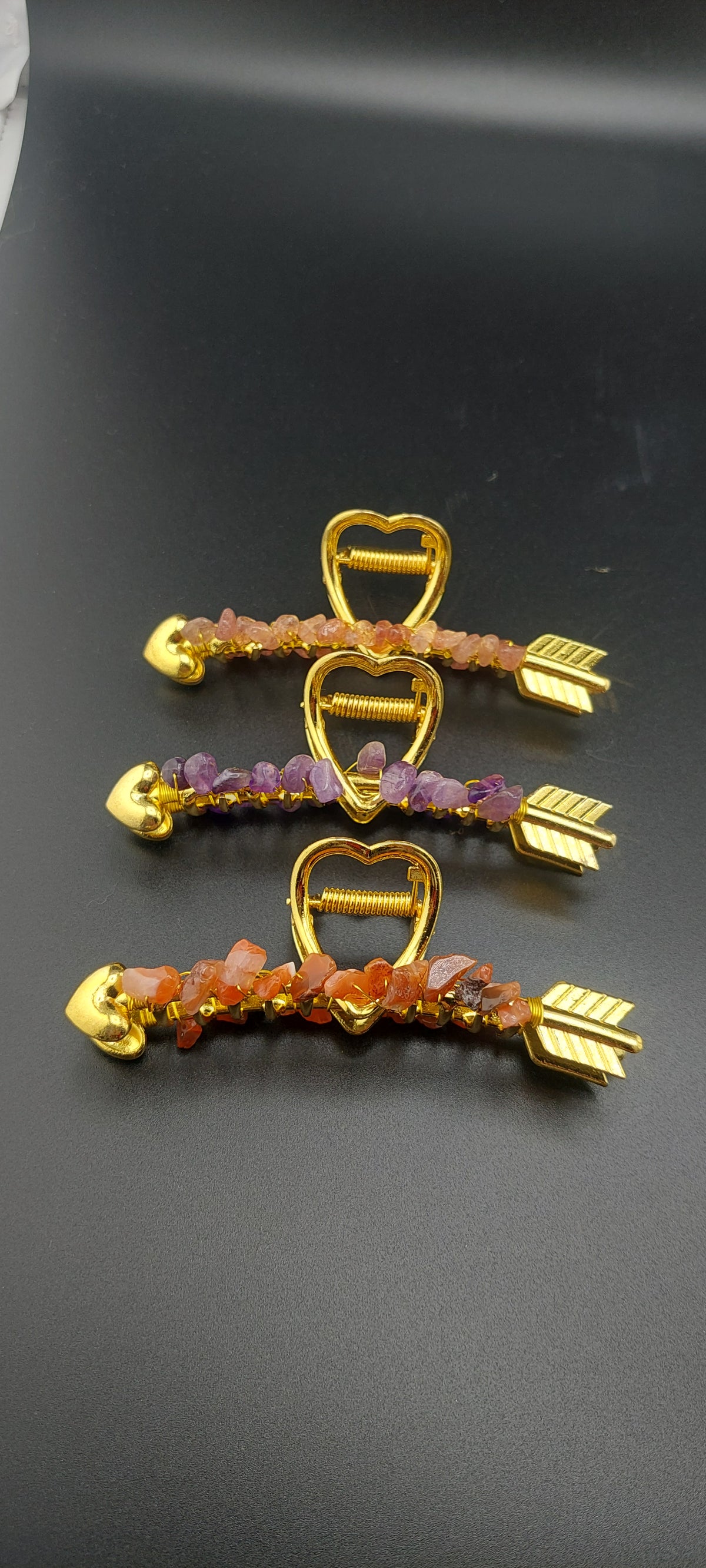Heart arrow hair clips with healing stone accents