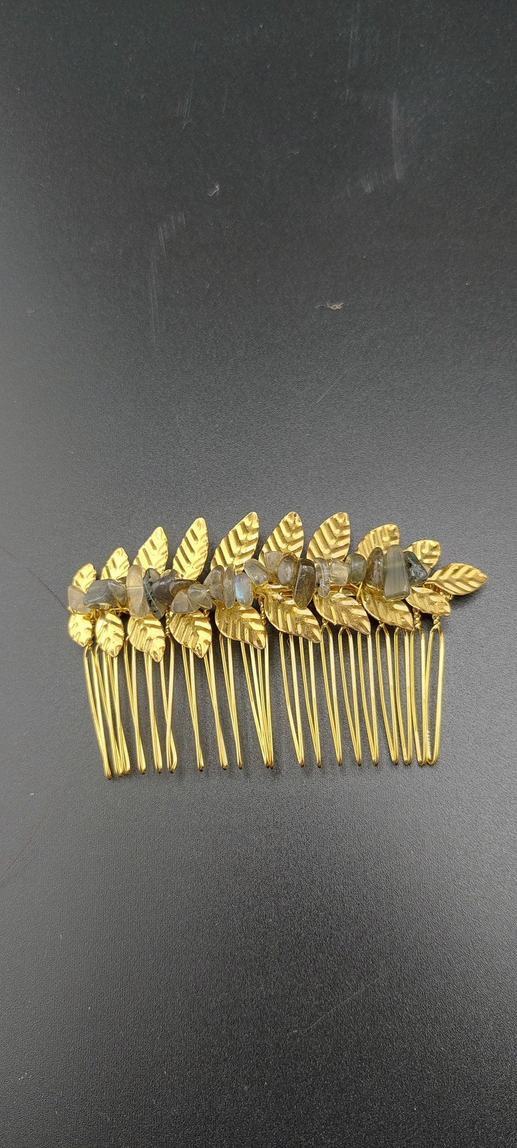 labdorite stone hair clip accessories made with gold metal , perfect for all hair types.