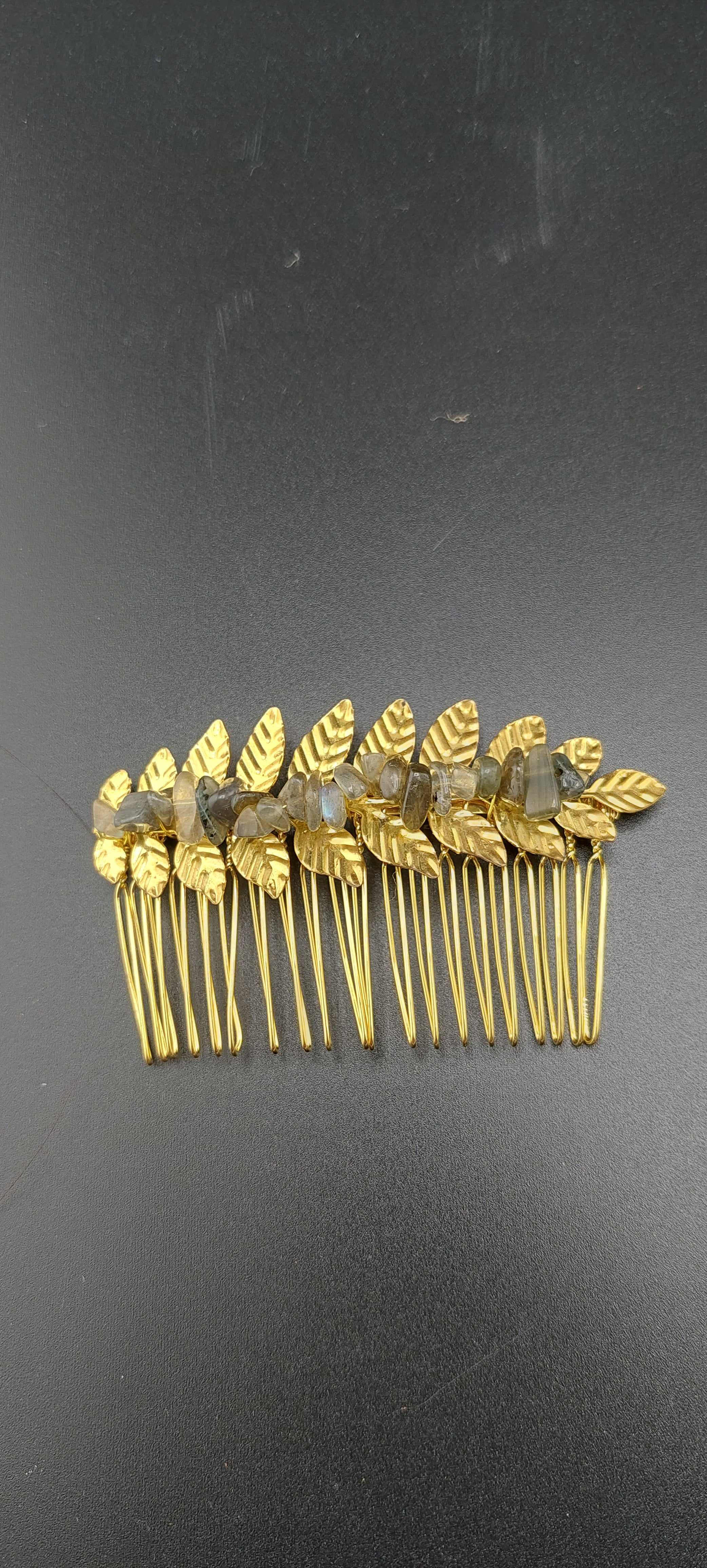labdorite stone hair clip accessories made with gold metal , perfect for all hair types.